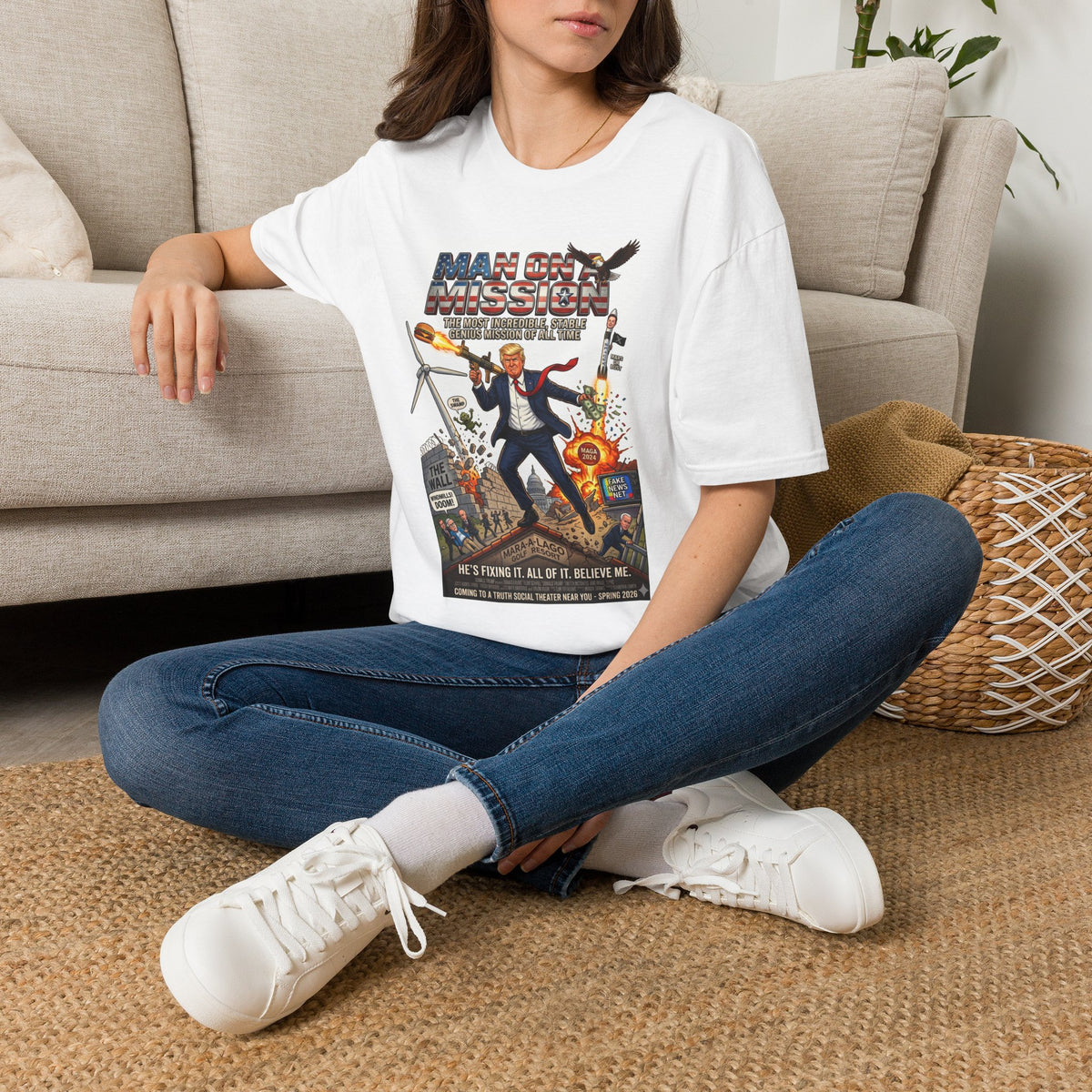 Political Graphic T-Shirt — "Man On A Mission" Patriotic Trump Illustration