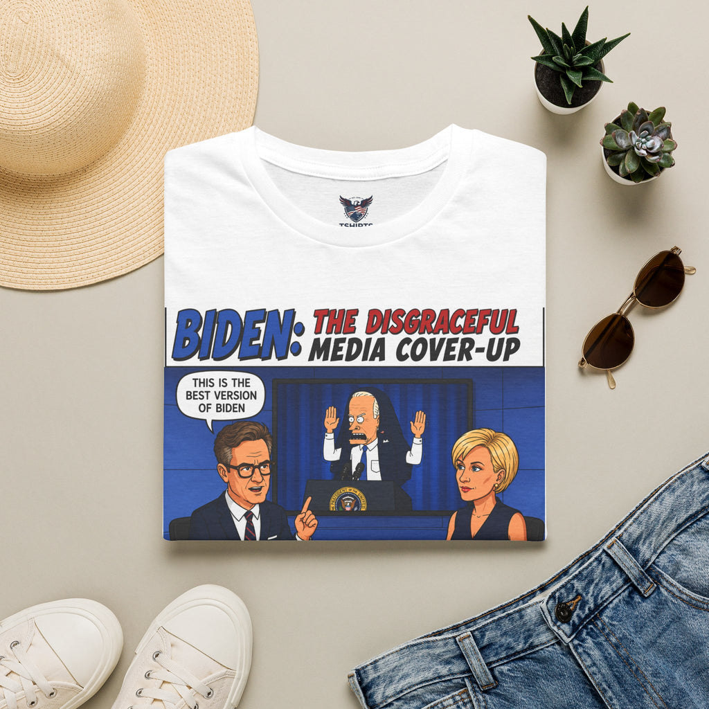 "Trump Patriot Shirt | America First T-Shirt | Conservative Republican Apparel | God Family Country Tee" | anti-woke tshirt | Political Cartoon Media Cover-Up T-Shirt | Satirical News Panel Tee