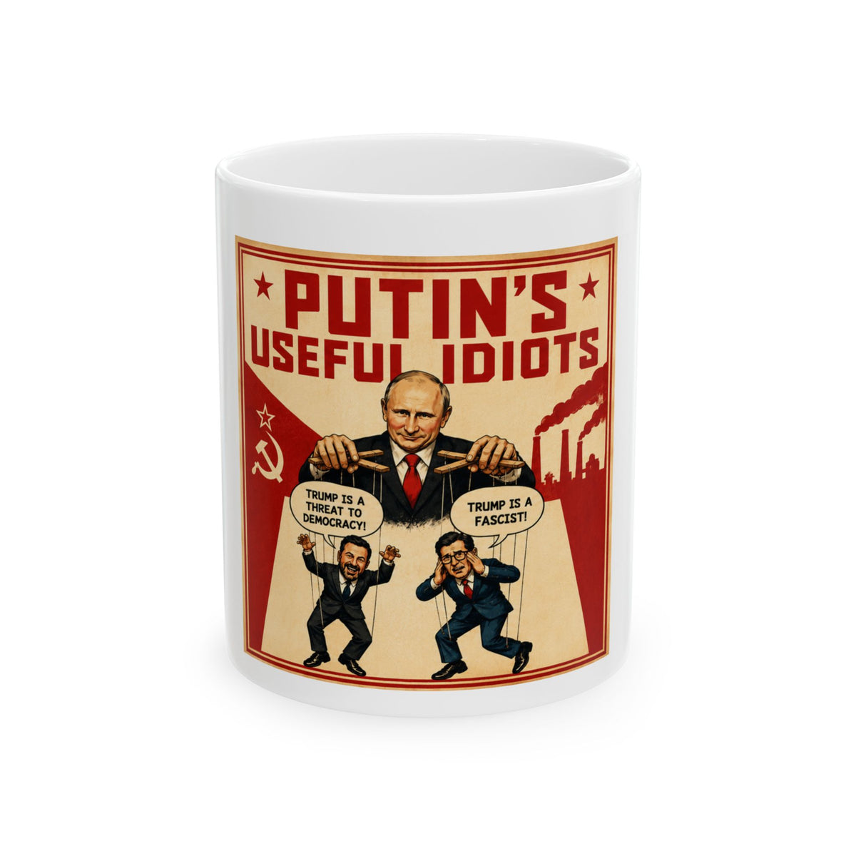 Political Satire Ceramic Mug - "Putin's Useful Idiots" Kimmel and Colbert Parody