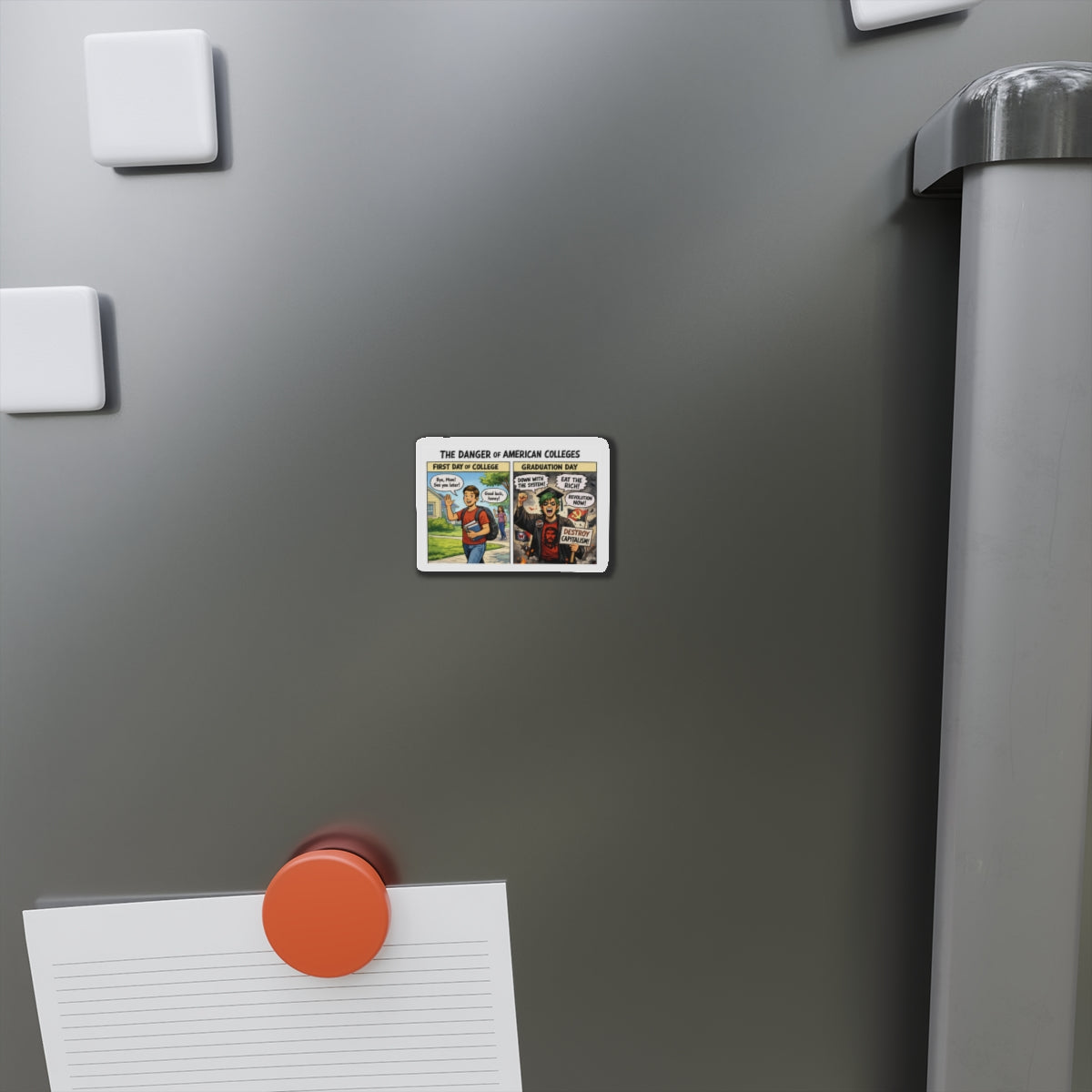 The Danger of American Colleges comic strip Die-Cut Magnet | Political Satire
