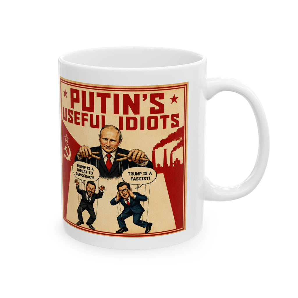 Political Satire Ceramic Mug — "Putin's Useful Idiots" KIMMEL and COLBERT Retro Propaganda Design (11oz, 15oz)