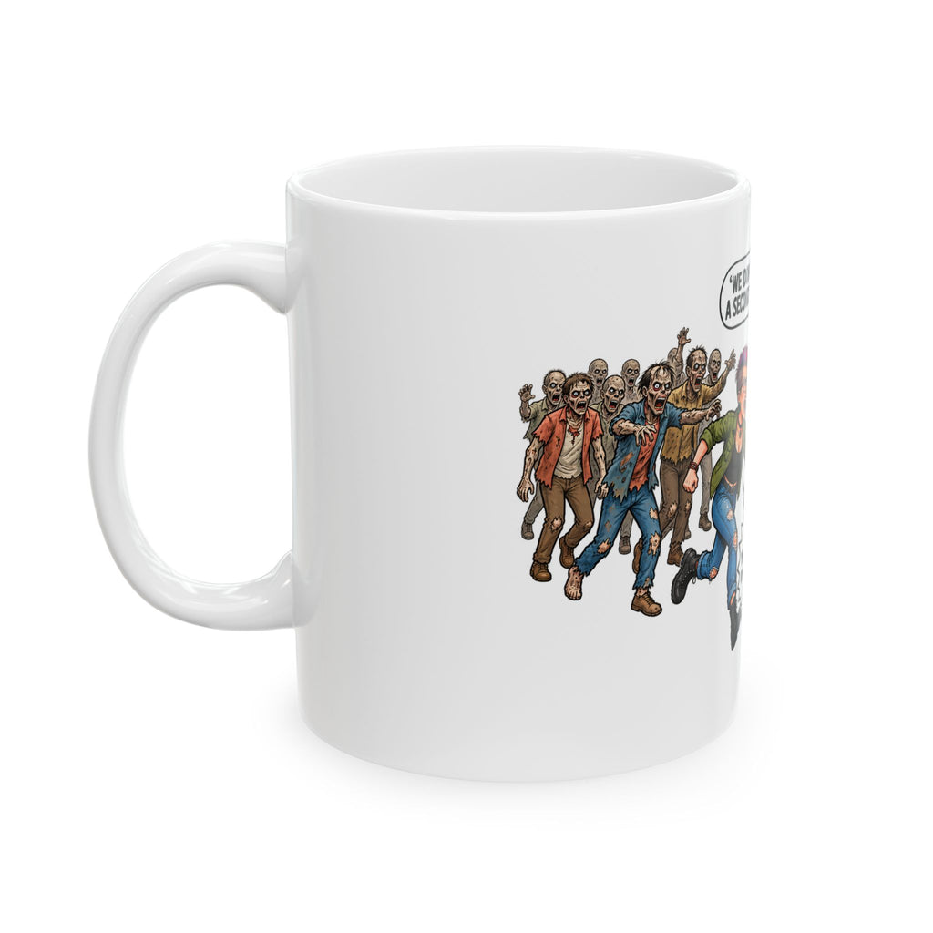 Funny Woke Woman Being Chased By Zombies Ceramic Mug — "We Don't Have a Second to Lose!" Pronouns Rescue Design (11oz, 15oz)