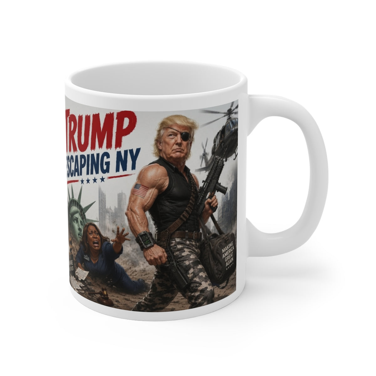 Political Novelty Mug — "Trump Escaping NY"  Trump Plissken Lawfare Satire Graphic