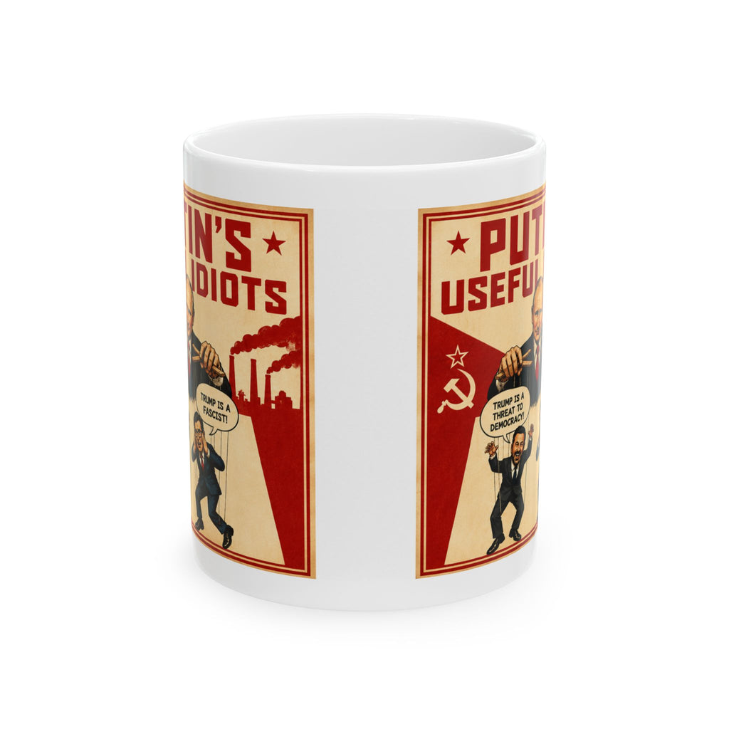Political Satire Ceramic Mug — "Putin's Useful Idiots" KIMMEL and COLBERT Retro Propaganda Design (11oz, 15oz)