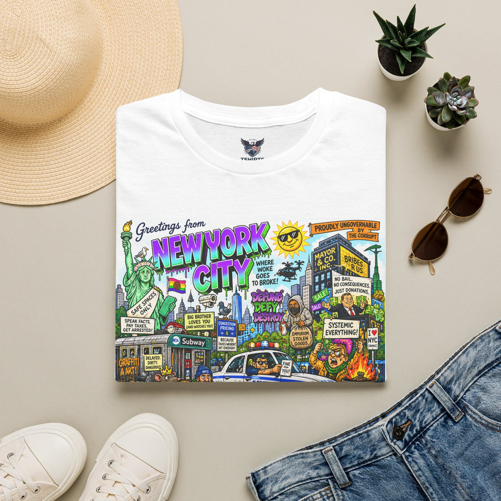 "Trump Patriot Shirt | America First T-Shirt | Conservative Republican Apparel | God Family Country Tee" | New York City Skyline Collage T-Shirt | NYC Landmarks Graphic Tee