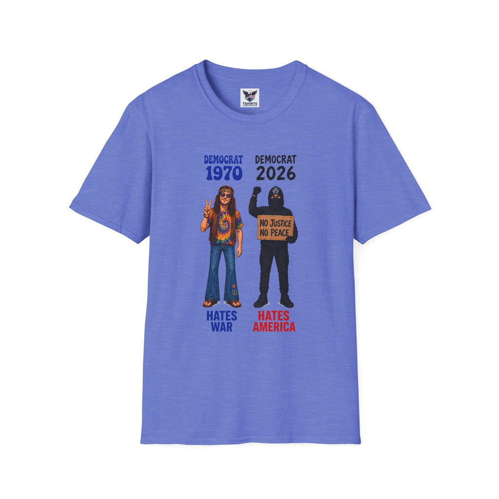 Democrat 1970 vs 2026 Political Comparison T-Shirt — "No Justice No Peace" Design