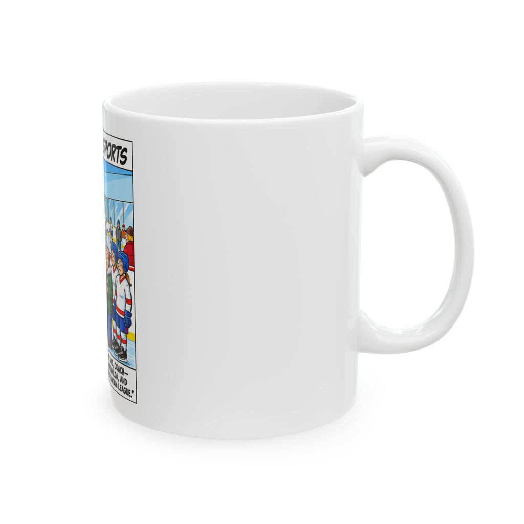 Woke Hockey Cartoon Ceramic Mug — “Girls Team” Sports Comic Coffee Cup (11oz/15oz)