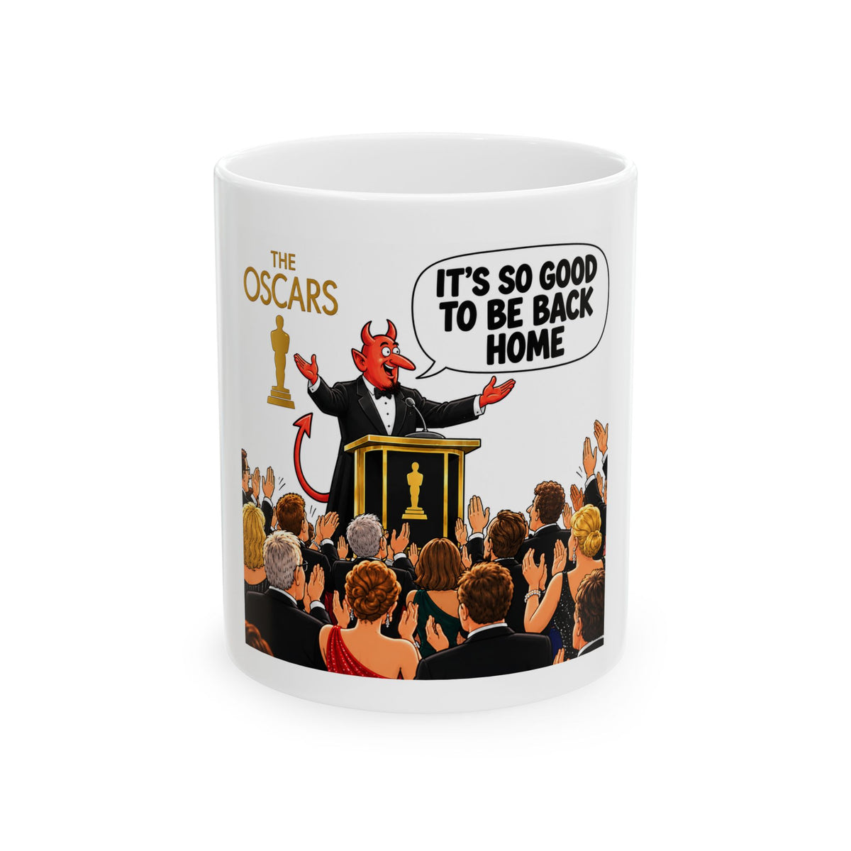 Oscars Devil Host Ceramic Mug — "It's So Good to Be Back Home"