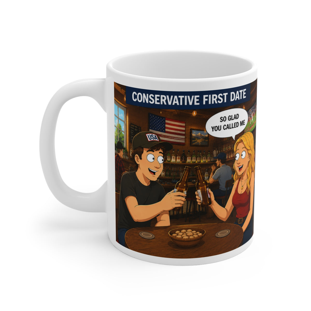Conservative vs Liberal First Date Comic Mug — Funny Political Cartoon 11oz
