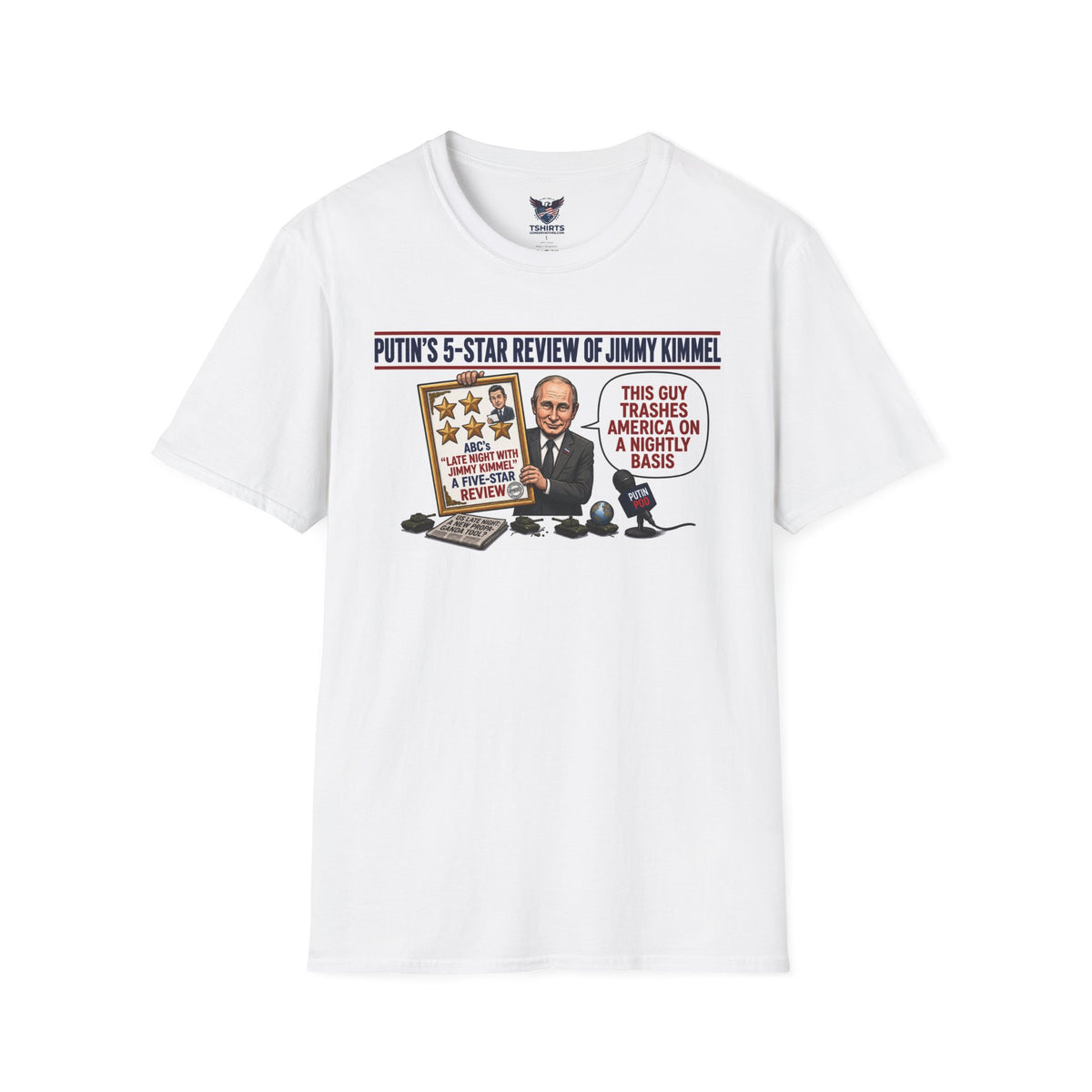 Political Satire T-Shirt — “Putin’s 5-Star Review of Jimmy Kimmel” Graphic Tee