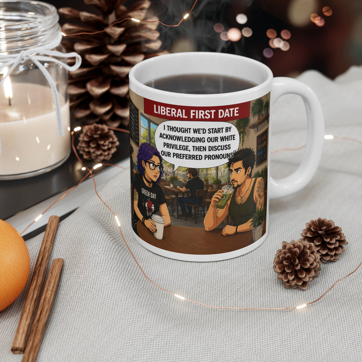 Conservative vs Liberal First Date Comic Mug — Funny Political Cartoon 11oz