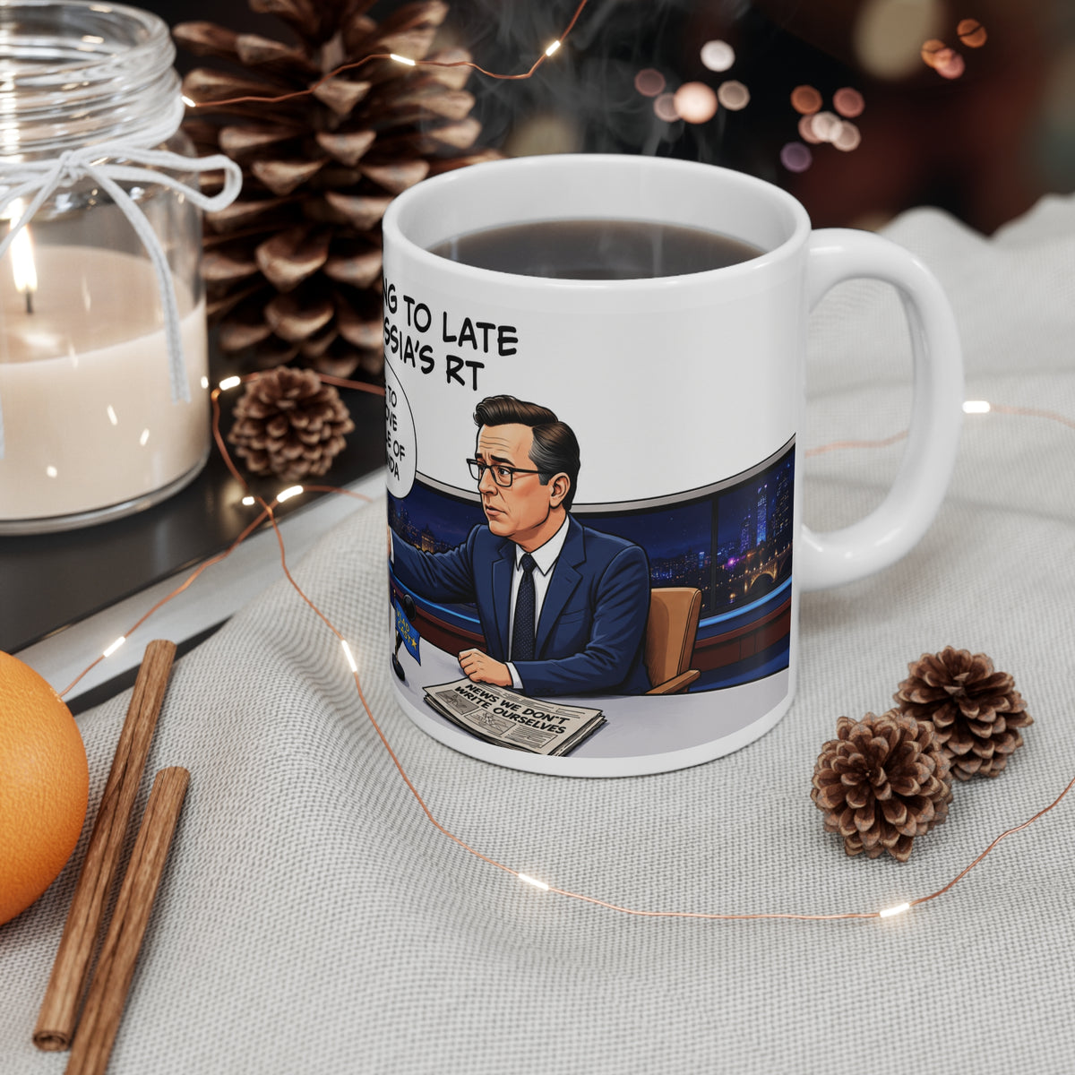 COLBERT SATIRE MUG 11oz Political Cartoon Mug — “Welcome to RT, We Love Your Style of Propaganda”