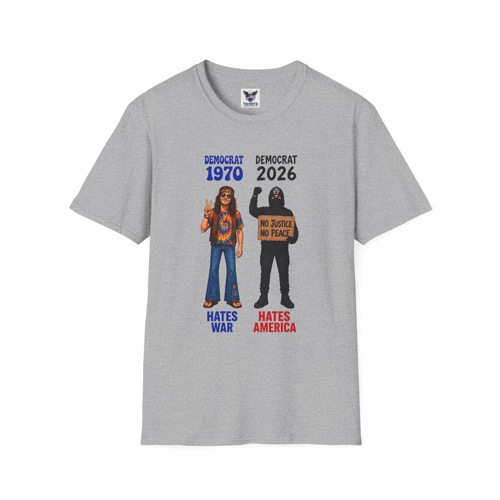 Democrat 1970 vs 2026 Political Comparison T-Shirt — "No Justice No Peace" Design