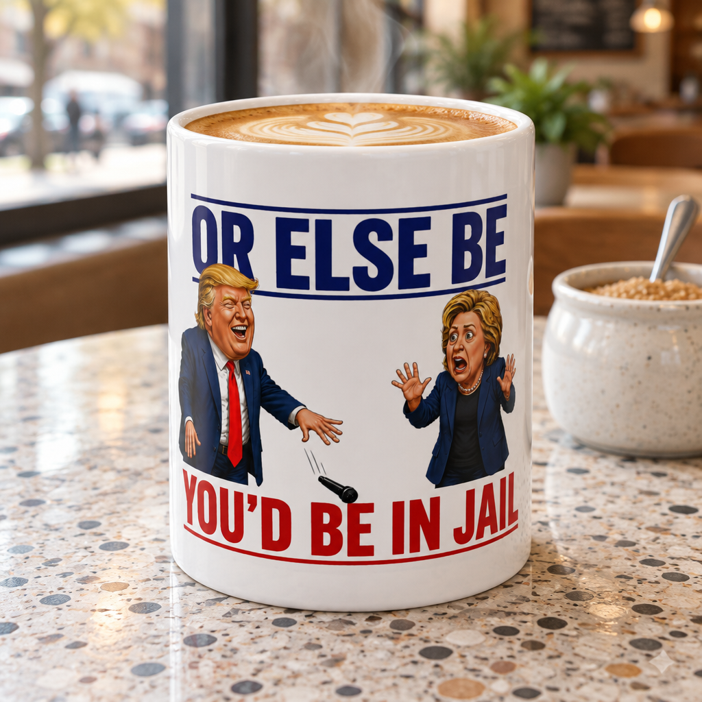 Trump Debate Mic Drop Or Else Be Youd Be in Jail Political Cartoon Ceramic Mug
