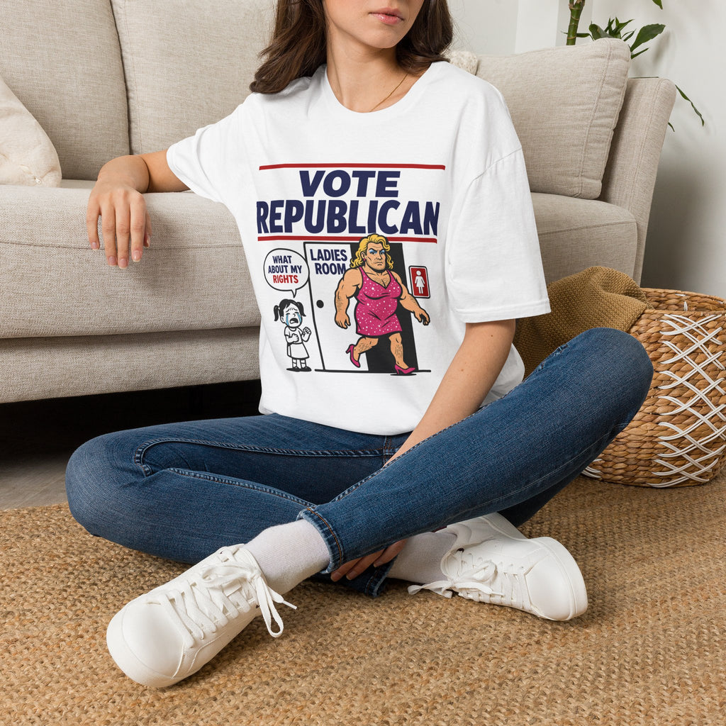 Vote Republican T‑Shirt — Political Patriotic Graphic Tee with 'Ladies Room' Cartoon