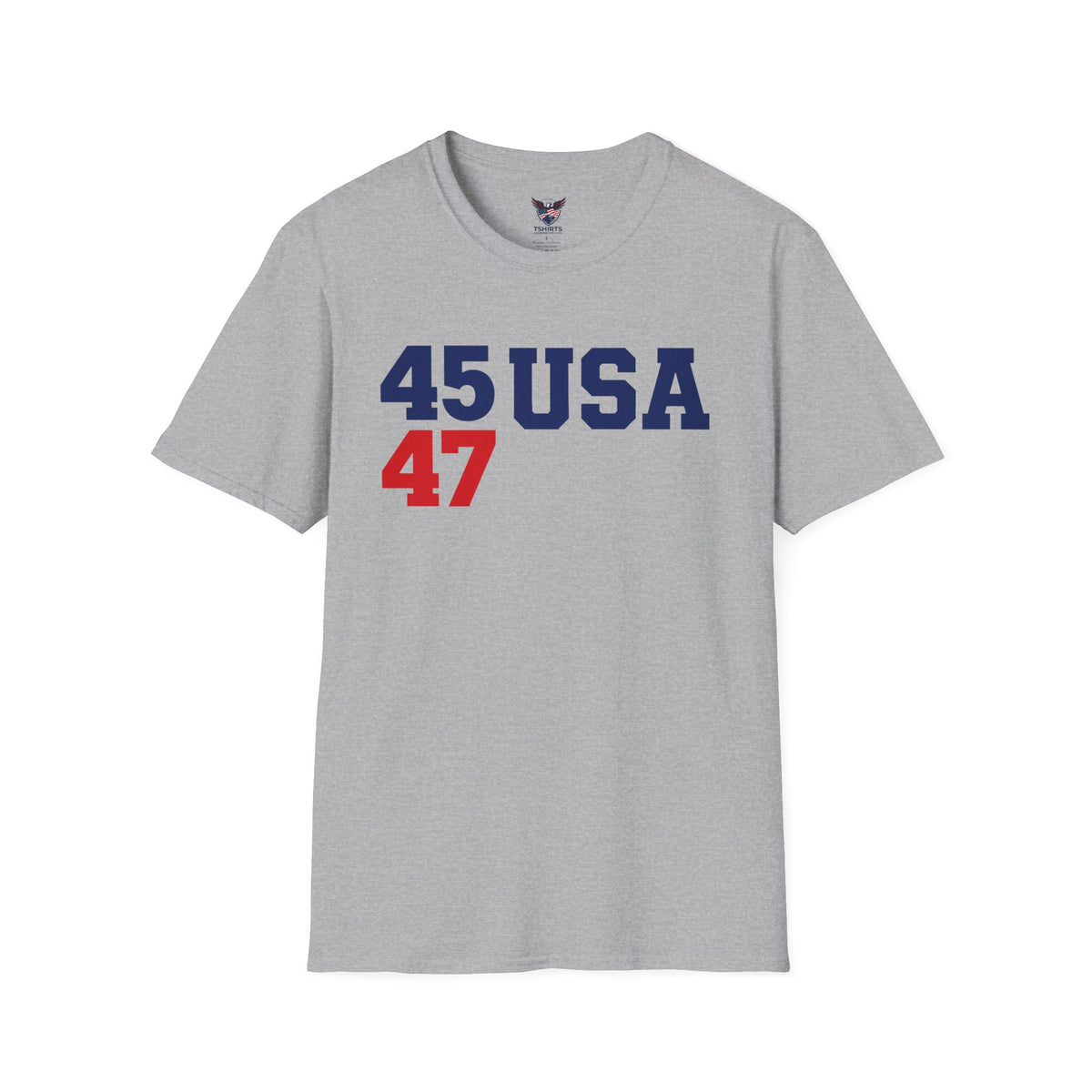 "Trump 45/47 USA Patriot Shirt | America First T-Shirt | Conservative Republican Apparel | God Family Country Tee" | anti-woke tshirt | T-Shirt — "45 USA 47" Patriotic Number Graphic Tee