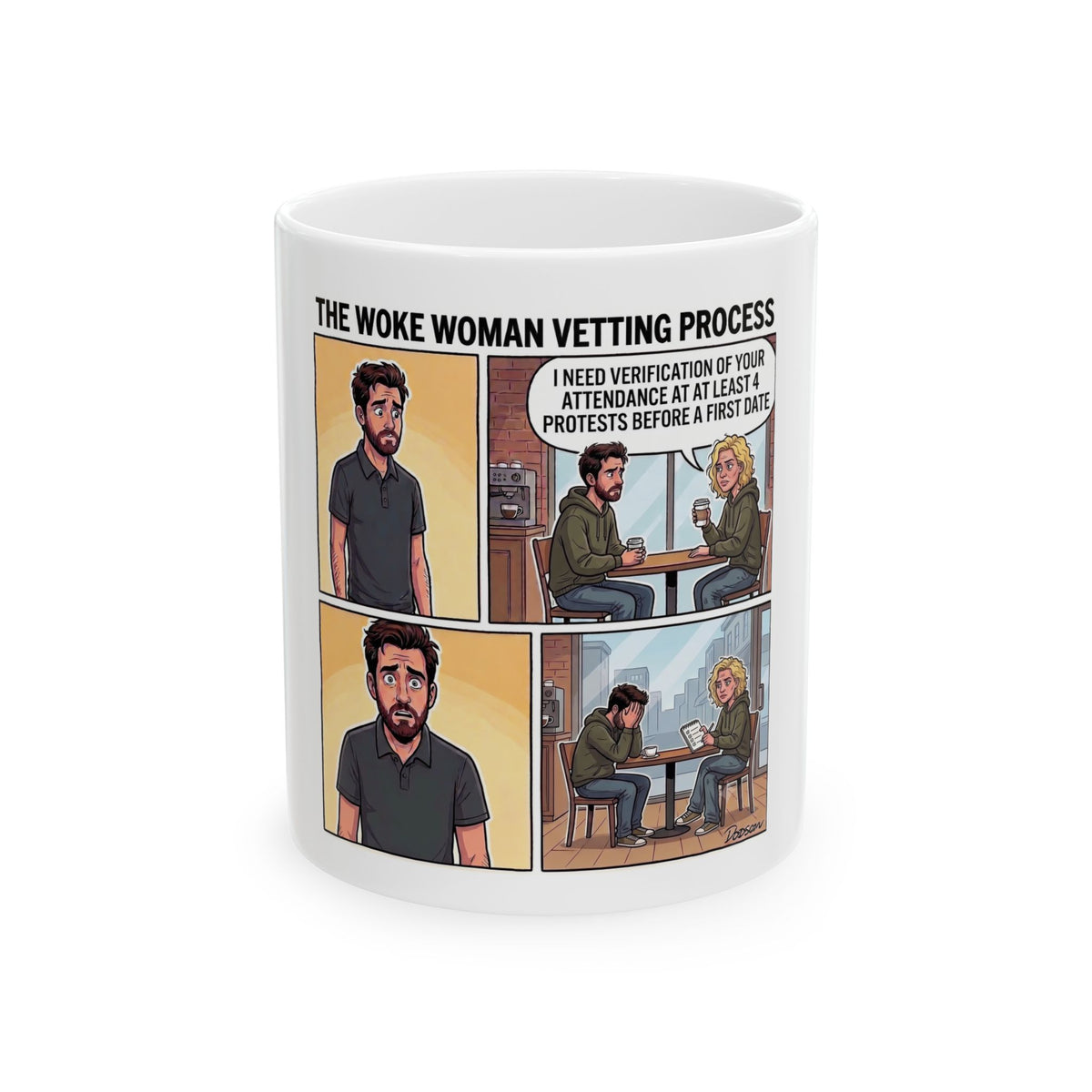 The Woke Woman Vetting Process Comic Mug | Ceramic Coffee Cup