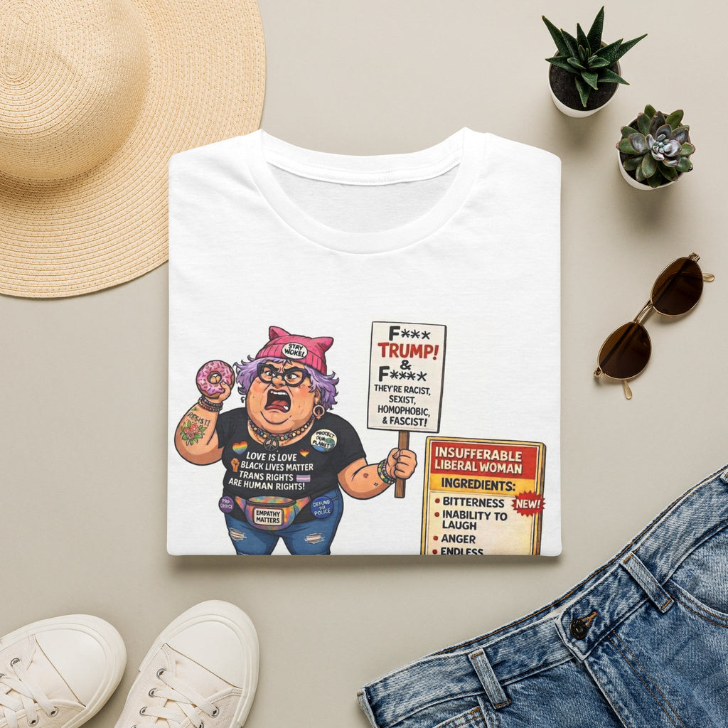 "Trump Patriot Shirt | America First T-Shirt | Conservative Republican Apparel | God Family Country Tee" | anti-woke tshirt | Protest Cartoon Woman with Donut and Signs T-Shirt | Political Satire