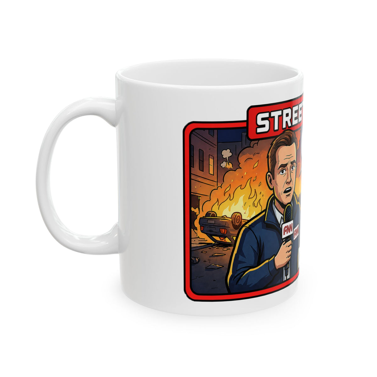 Fake News Street Report Comic Panel Mug | News Reporter Illustration, Protest Scene