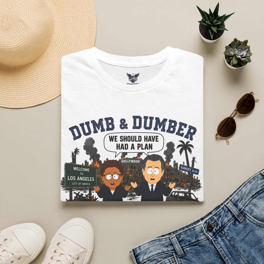 "Trump Patriot Shirt | America First T-Shirt | Conservative Republican Apparel | God Family Country Tee" | anti-woke tshirt | Dumb & Dumber political caricatures T-Shirt | Bass Newsom parody design