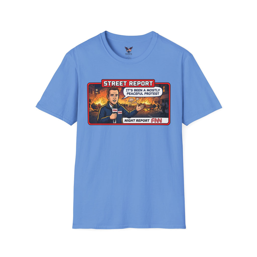 Carolina Blue Fake News Street Report News Reporter Cartoon T-Shirt | Protest Scene Graphic Tee
