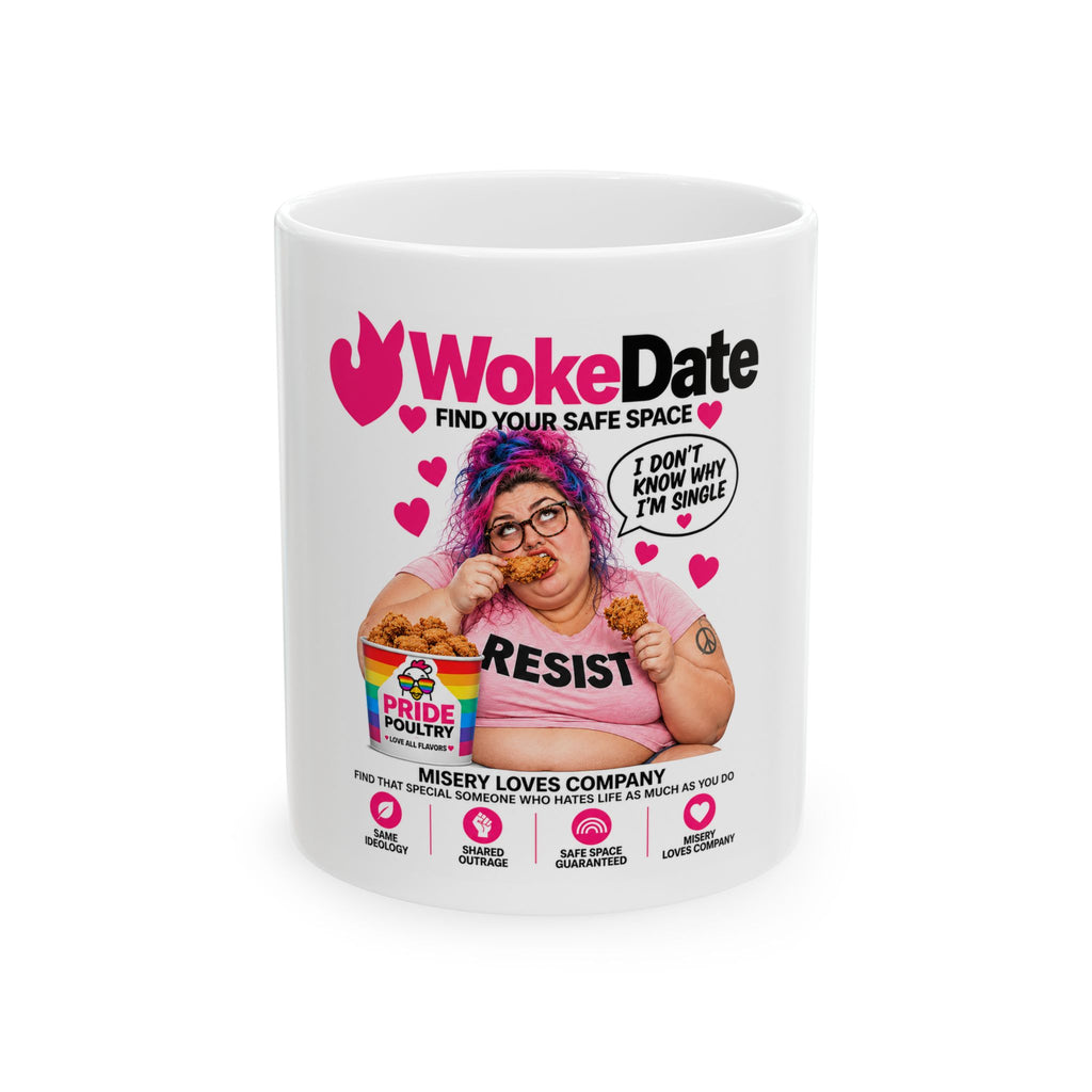 WokeDate Mug — "Misery Loves Company Funny Political Satire Ceramic Coffee Mug (11oz/15oz)