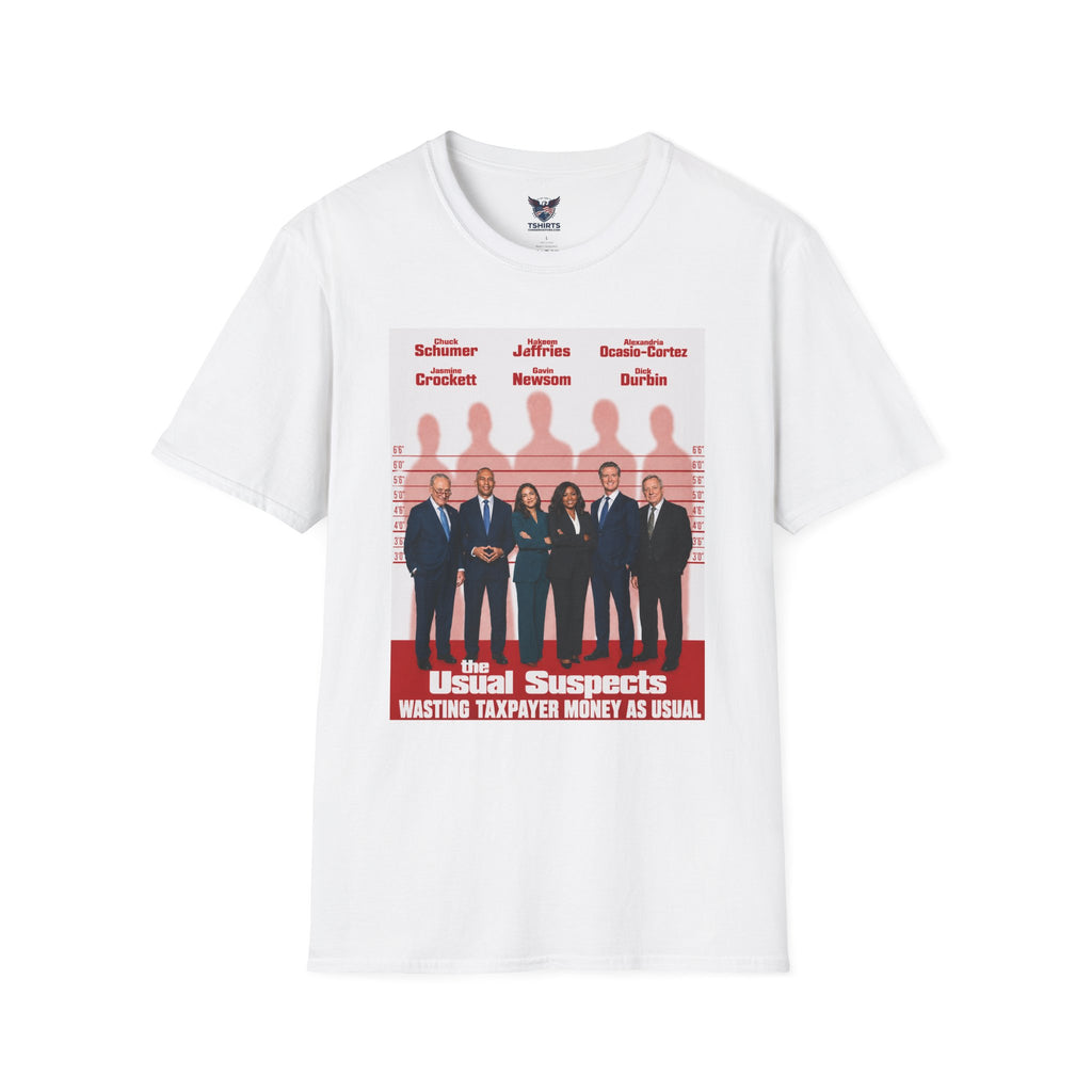 Political 'Usual Suspects' T-Shirt — Satirical Protest Tee Featuring Schumer, Ocasio-Cortez, Newsom