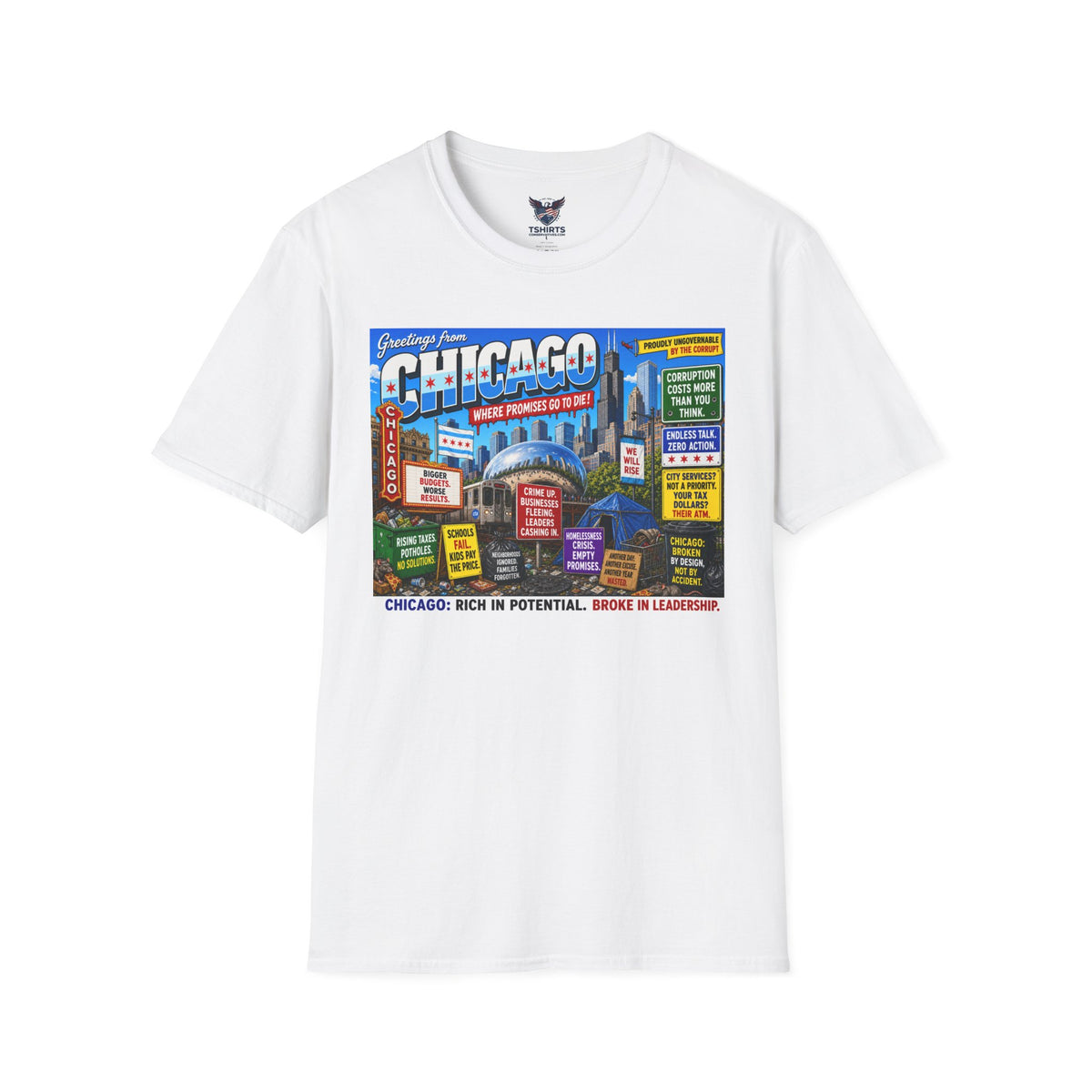 "Trump Patriot Shirt | America First T-Shirt | Conservative Republican Apparel | God Family Country Tee" | Chicago postcard skyline T-Shirt | Retro city sign collage