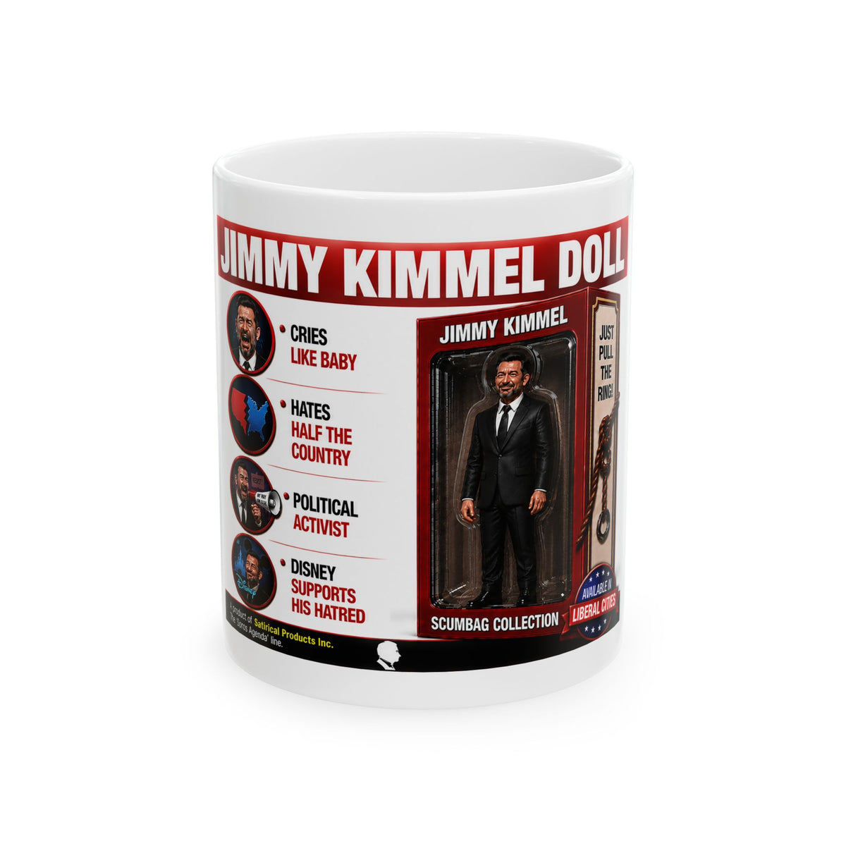 Jimmy Kimmel Doll Political Satire Coffee Mug — Funny Novelty Parody Talk Show Host Gag Gift & Conservative Humor Cup