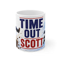 SCOTT PELLEY OUT AT 60 MINUTES Mug — "Time Out Scott" Political Satire Coffee Mug (Trump Kicking Off Cliff)