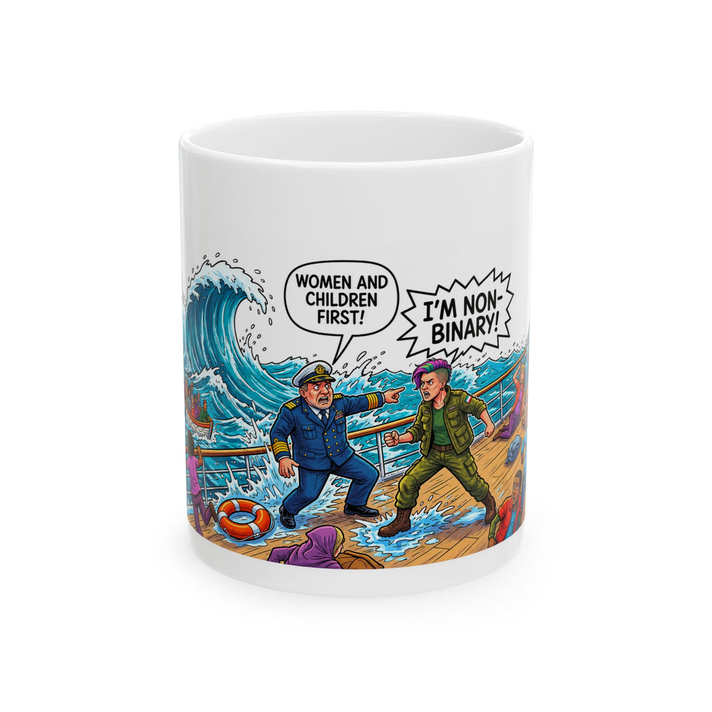 Ceramic Mug — Humorous ‘Women and Children First! / I’m Non-Binary’ Cartoon Rescue Scene (11oz, 15oz)