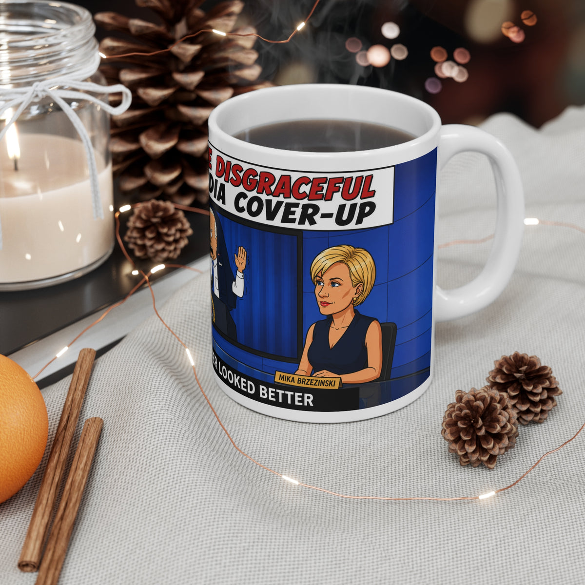 MSDNC MORNING JOE JOKE MUG Political Cartoon Coffee Mug — "Biden: The Disgraceful Media Cover-Up" 11oz