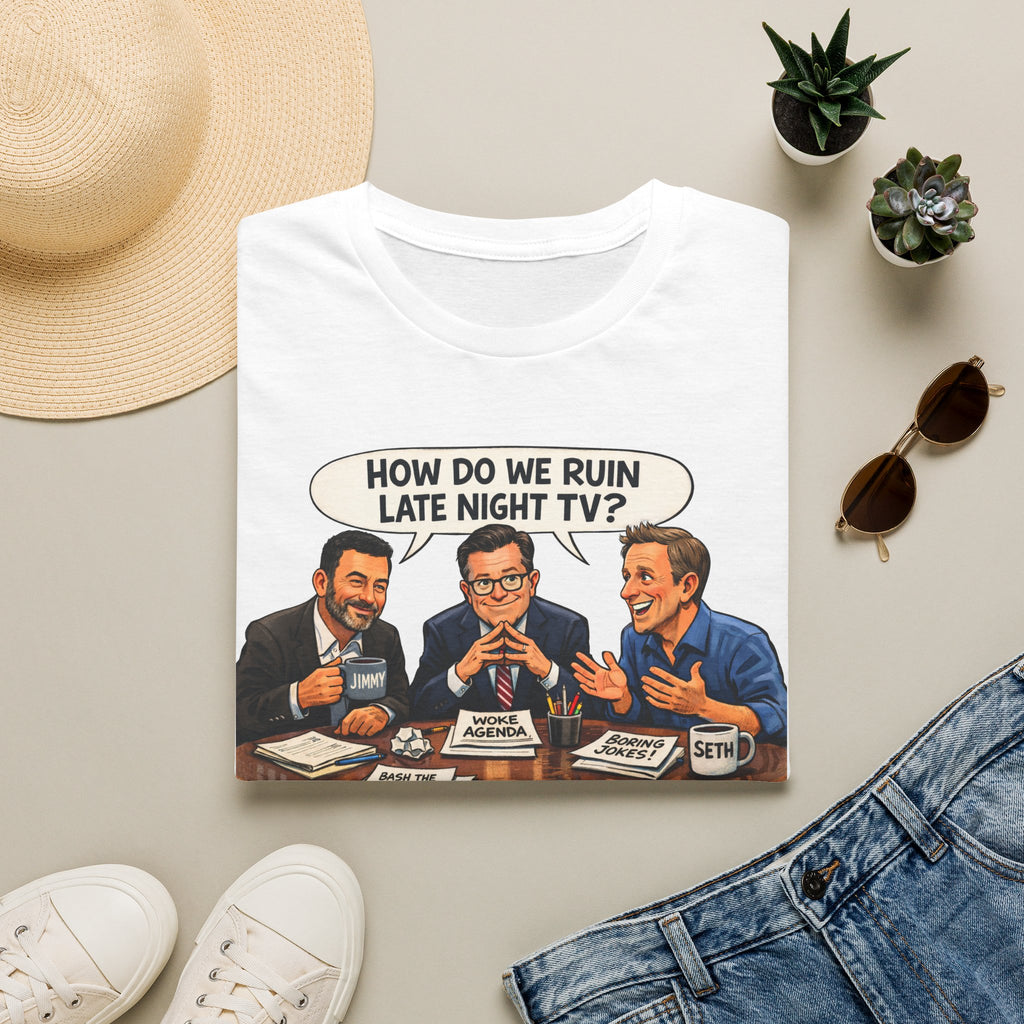 "Trump Patriot Shirt | America First T-Shirt | Conservative Republican Apparel | God Family Country Tee" | anti-woke tshirt | Late Night TV Panel Illustration T-Shirt | Retro Talk Show Graphic