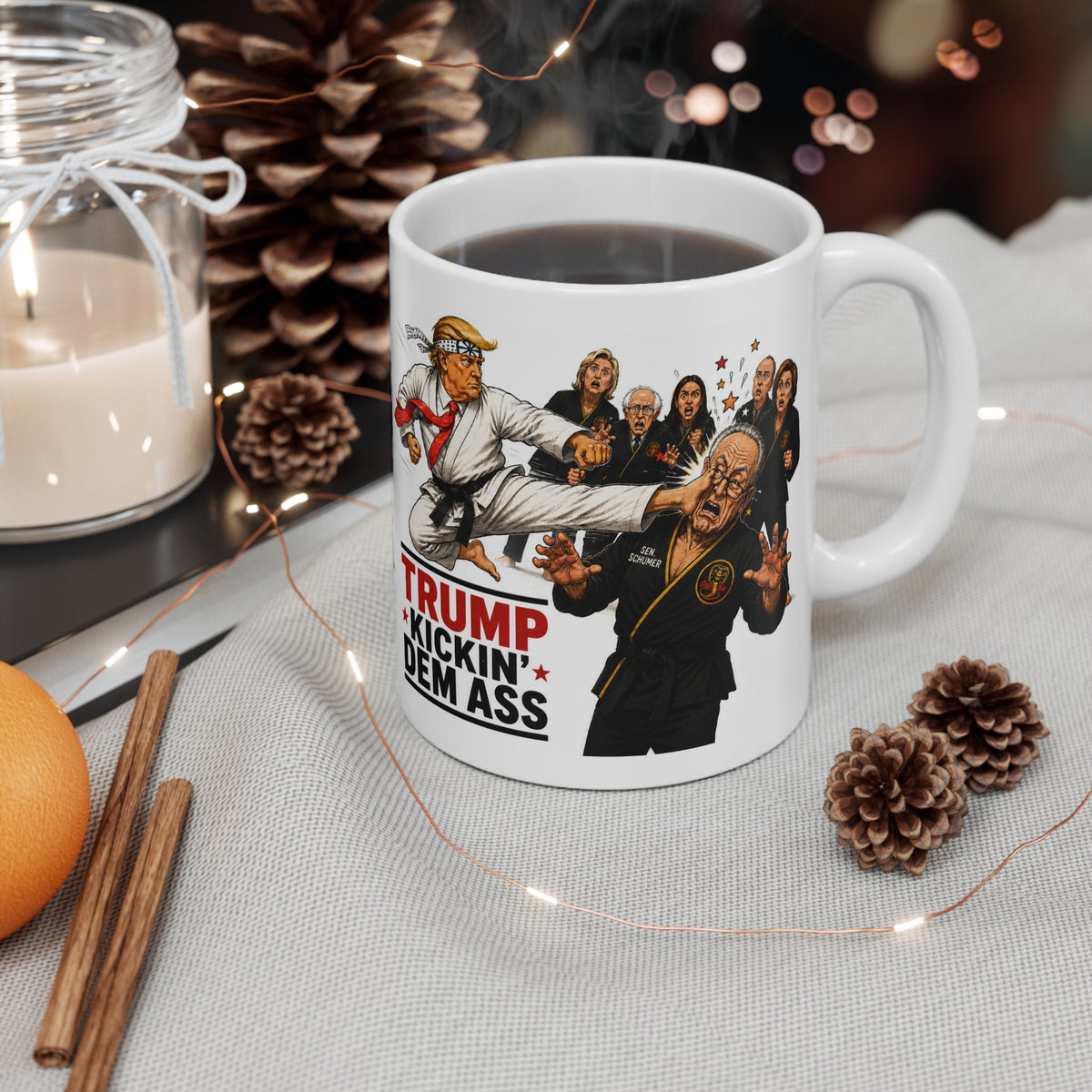 TRUMP KARATE KID Political Satire Mug — 'Trump Kickin' Dem Ass' 11oz Coffee Cup