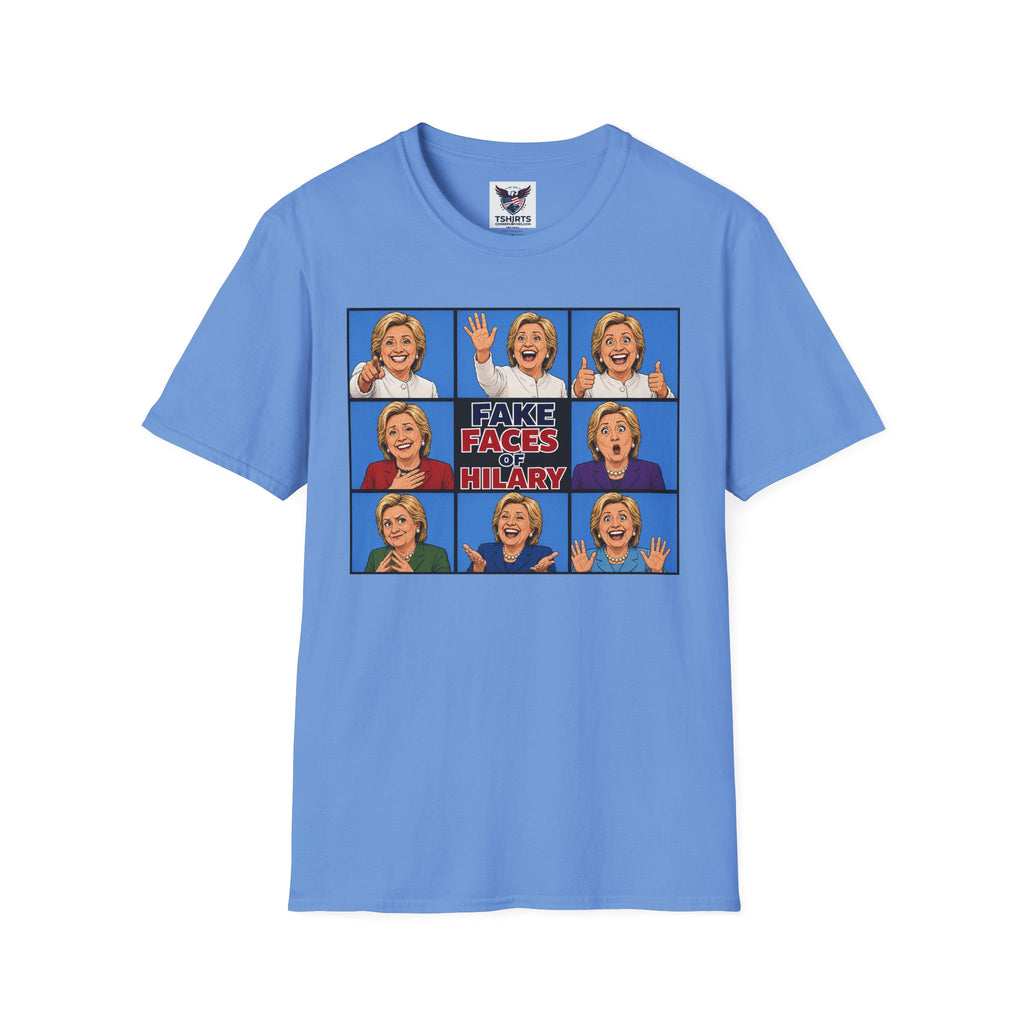 Political Parody T-Shirt — "Fake Faces of Hilary" Graphic Tee