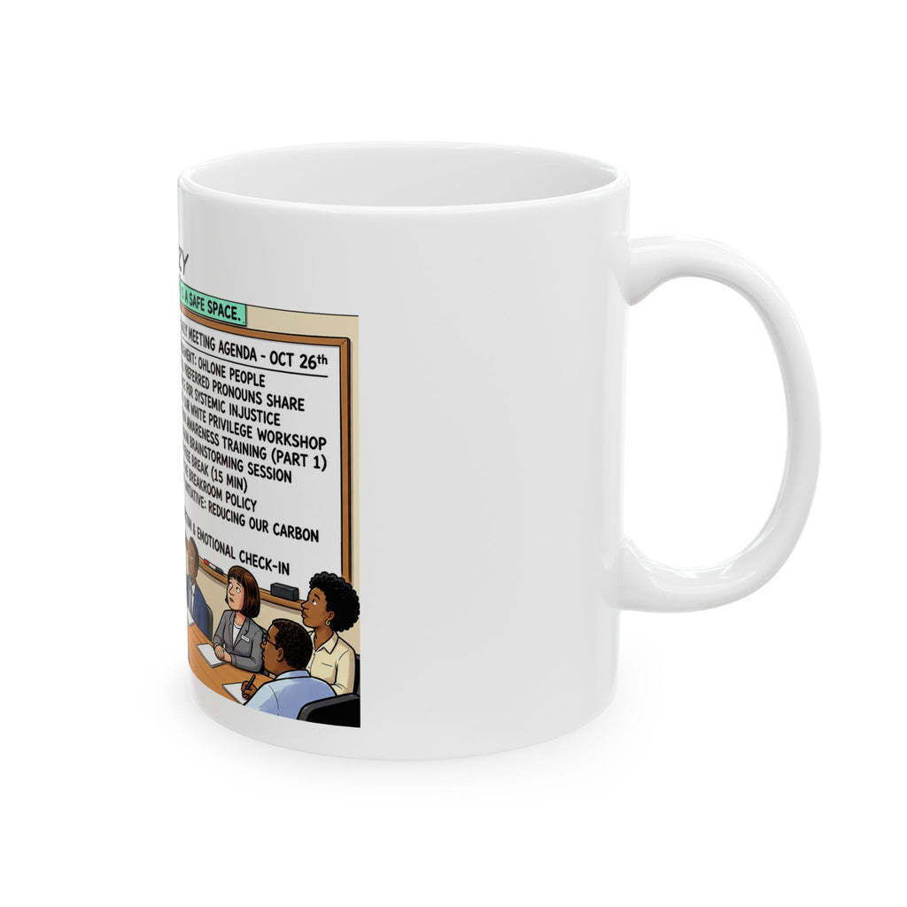 Humorous Corporate Meeting Mug — California Crazy 'Daily Meeting Agenda' Cartoon Ceramic Coffee Cup