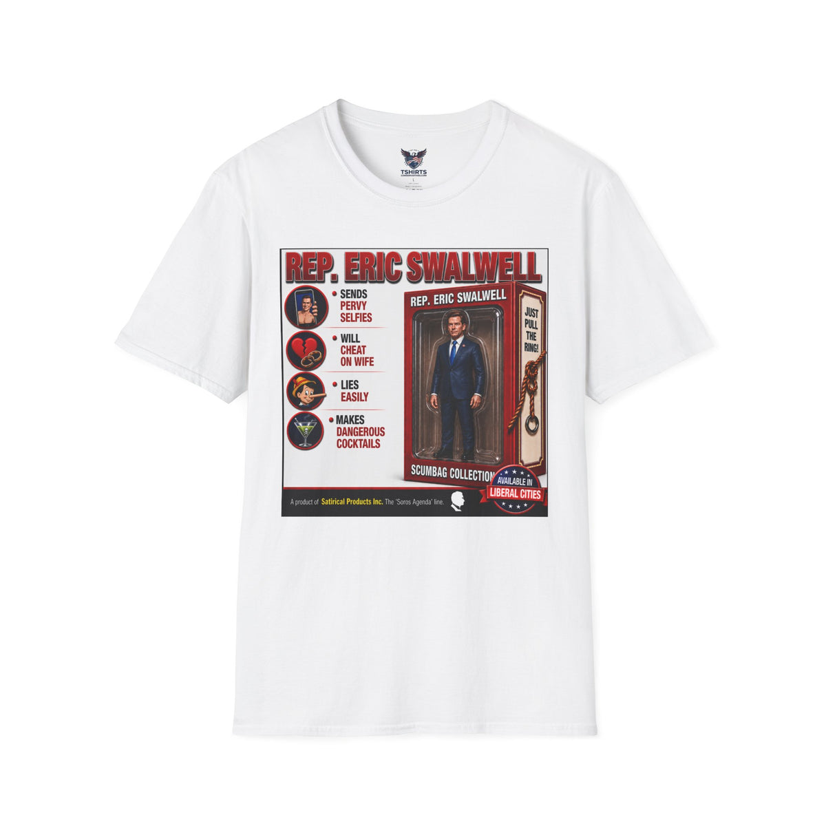MAGA TRUMP Rep. Eric Swalwell action figure box art T-Shirt | Political parody tee