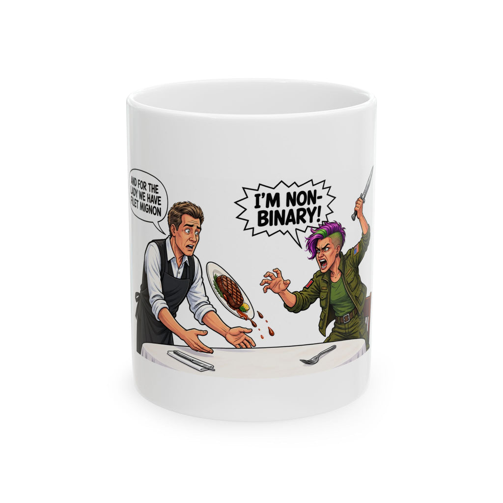 Violent Non-Binary Dinner Patron Comic Ceramic Mug — Humorous LGBT Pride Coffee Cup (11oz/15oz)