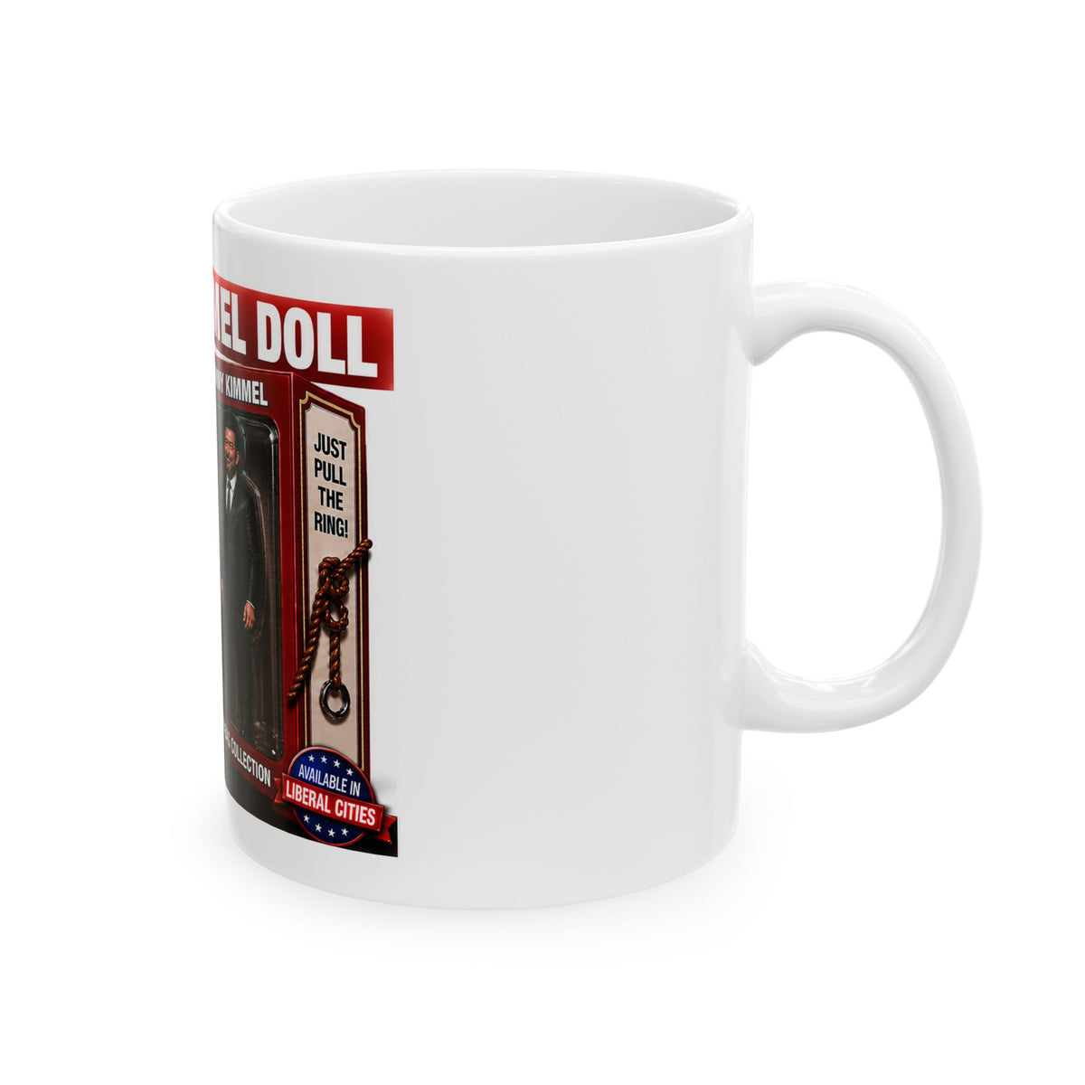 Jimmy Kimmel Doll Political Satire Coffee Mug — Funny Novelty Parody Talk Show Host Gag Gift & Conservative Humor Cup