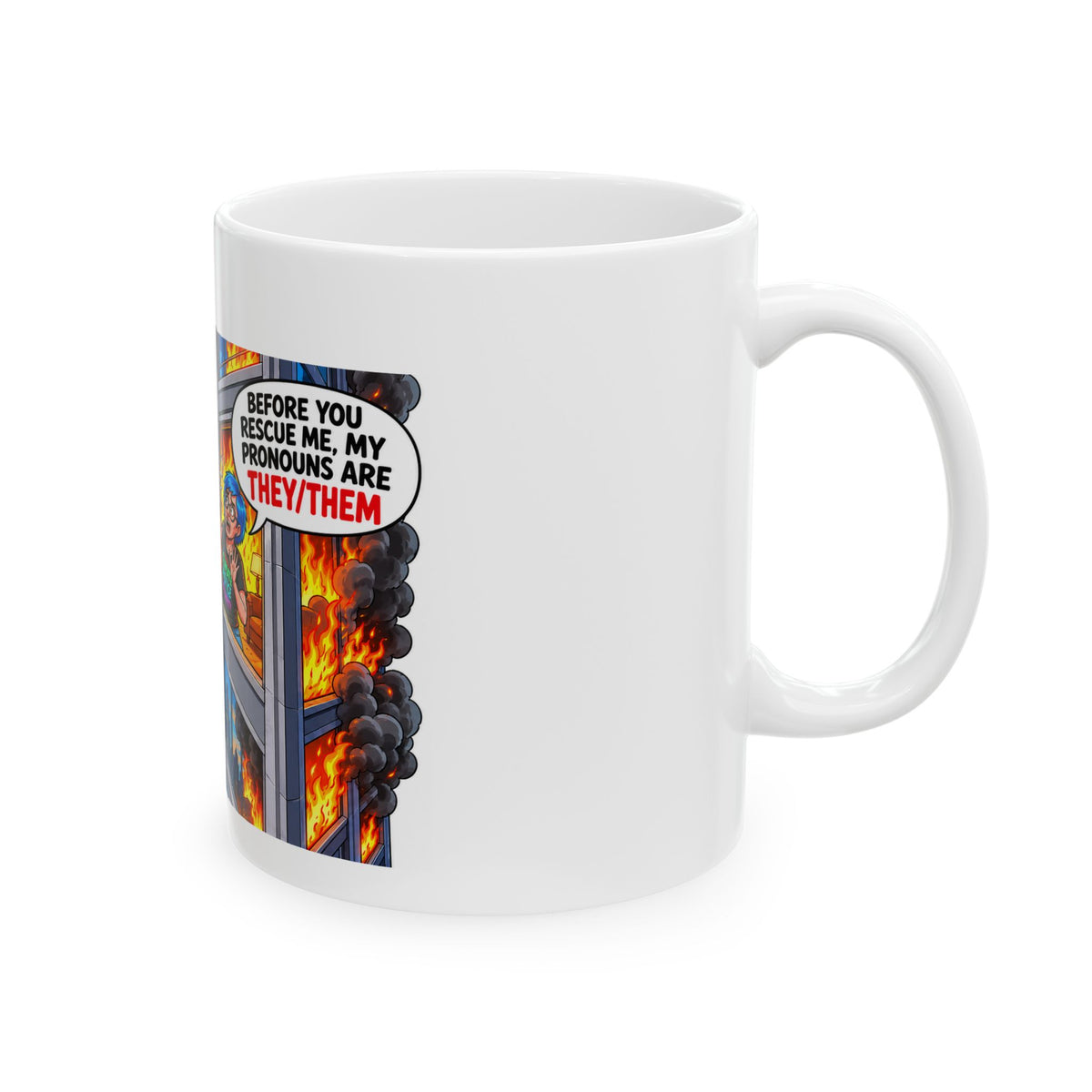 Funny Firefighter Saving Woman Activist Cartoon Rescue Design (11oz & 15oz)