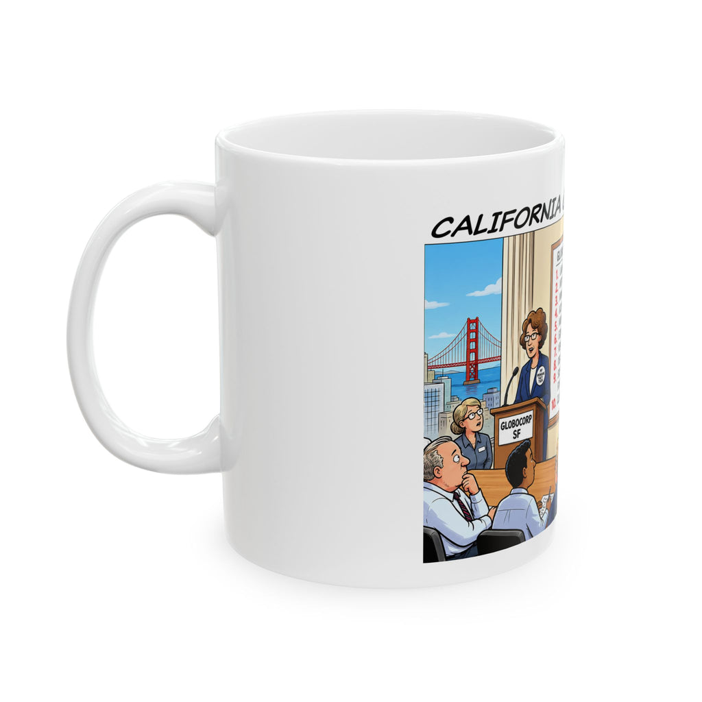 Humorous Corporate Meeting Mug — California Crazy 'Daily Meeting Agenda' Cartoon Ceramic Coffee Cup