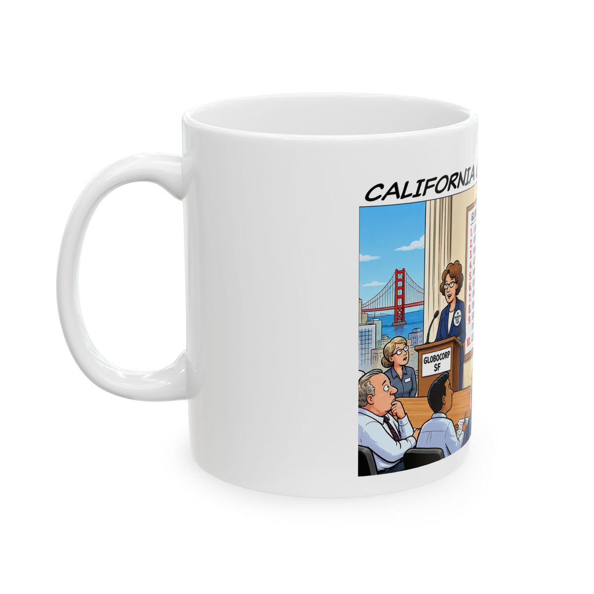 Humorous Corporate Meeting Mug — California Crazy 'Daily Meeting Agenda' Cartoon Ceramic Coffee Cup