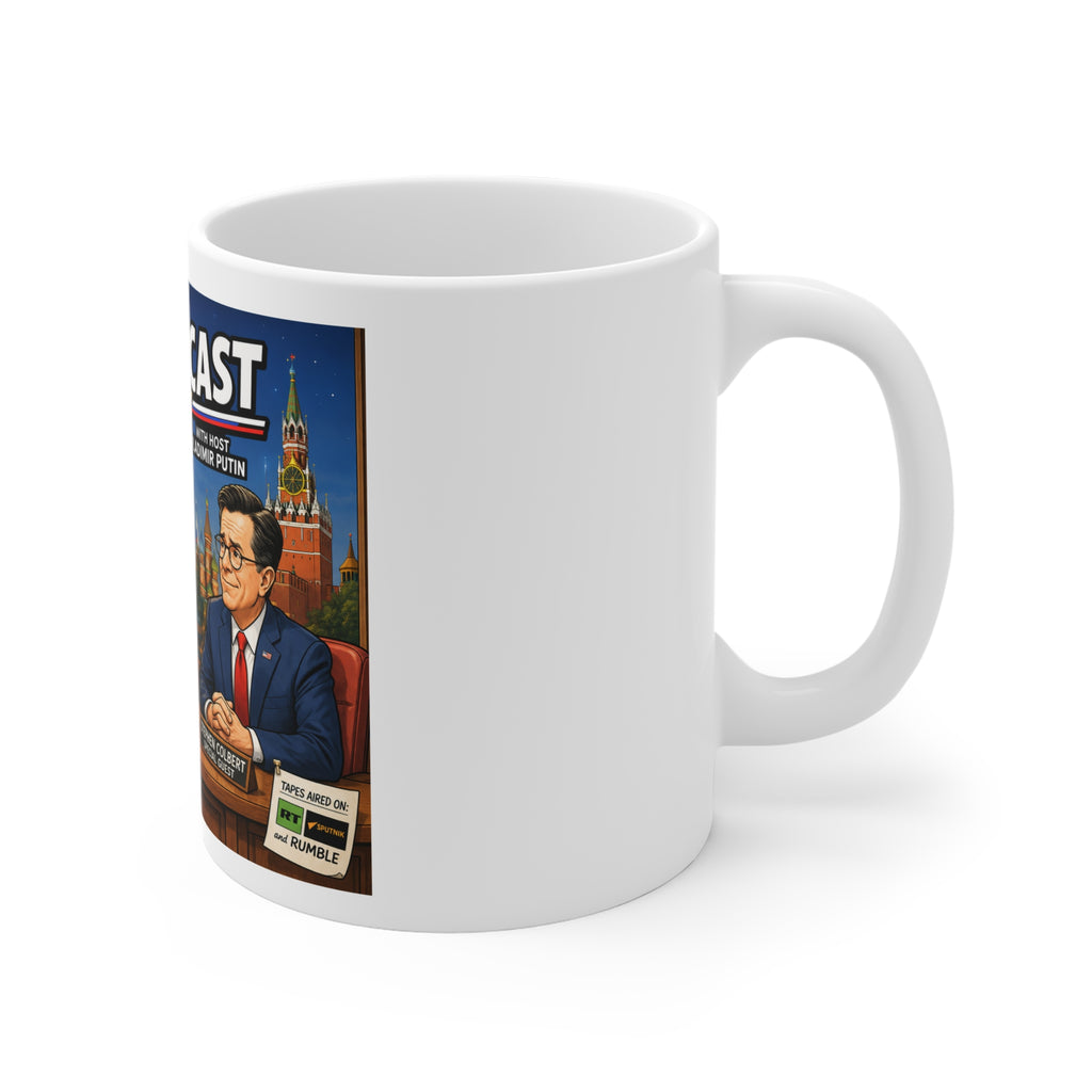 VLAD CAST PUTIN WITH COLBERT JOKE MUG Novelty Political Mug — 'VladCast' Talk Show Design