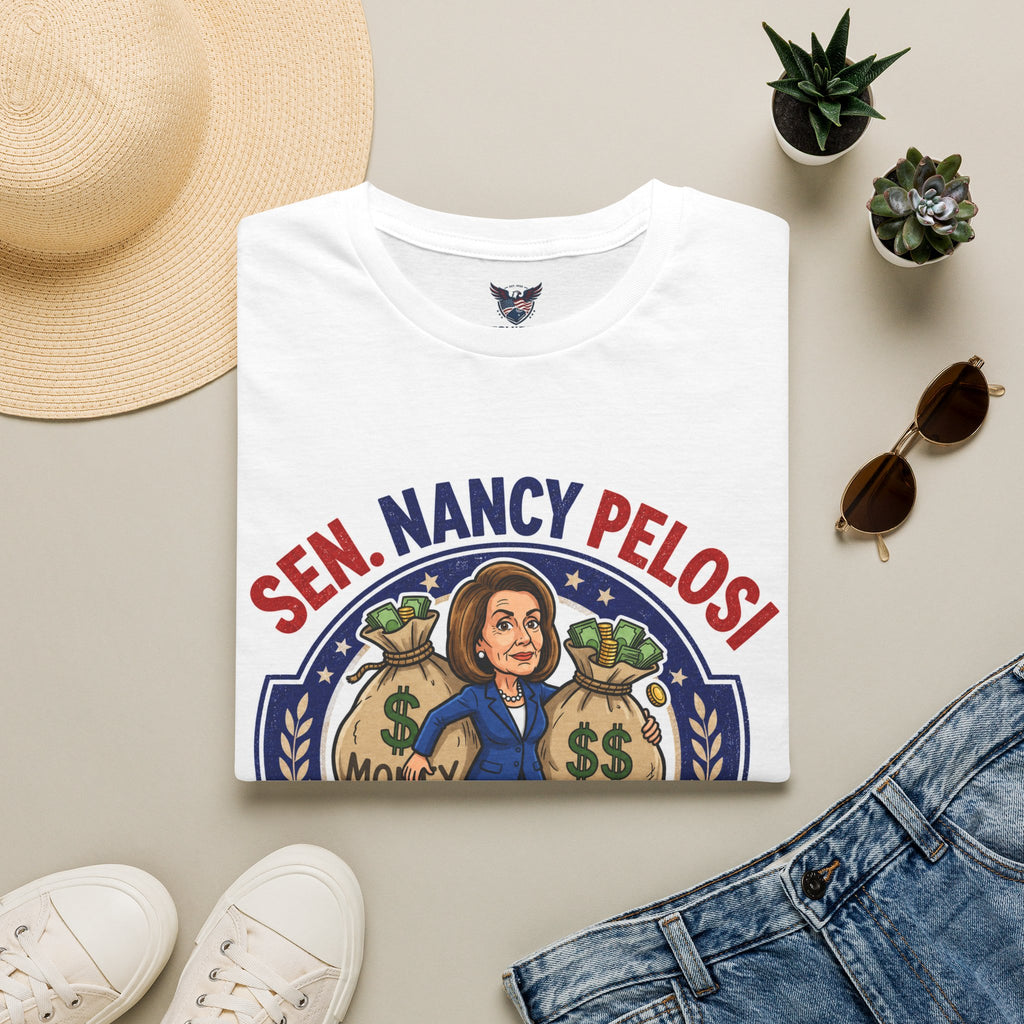 Political Satire T‑Shirt — "Sen. Nancy Pelosi" Money Bag Caricature