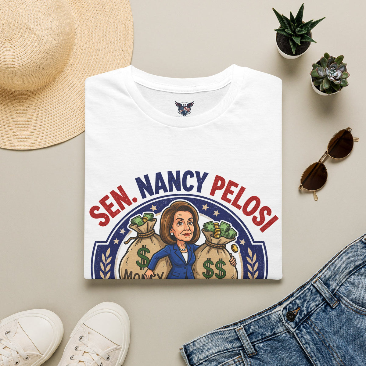 Political Satire T‑Shirt — "Sen. Nancy Pelosi" Money Bag Caricature