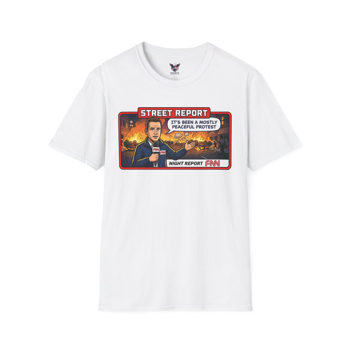 White Tee Fake News Street Report Protest Scene T-Shirt | Night Report Comedy Graphic