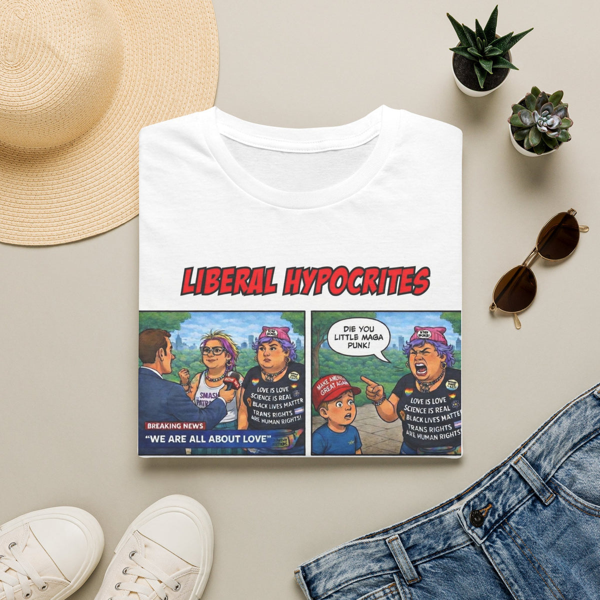 "Trump Patriot Shirt | America First T-Shirt | Conservative Republican Apparel | God Family Country Tee" | anti-woke tshirt | Liberal Hypocrites comic panel T-Shirt | political satire tee