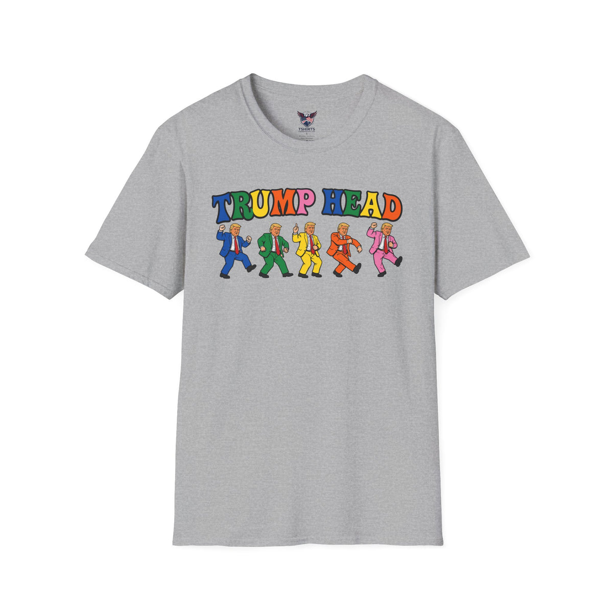 Sport Grey Trump Head graphic T-Shirt | Colorful dancing cartoon presidents
