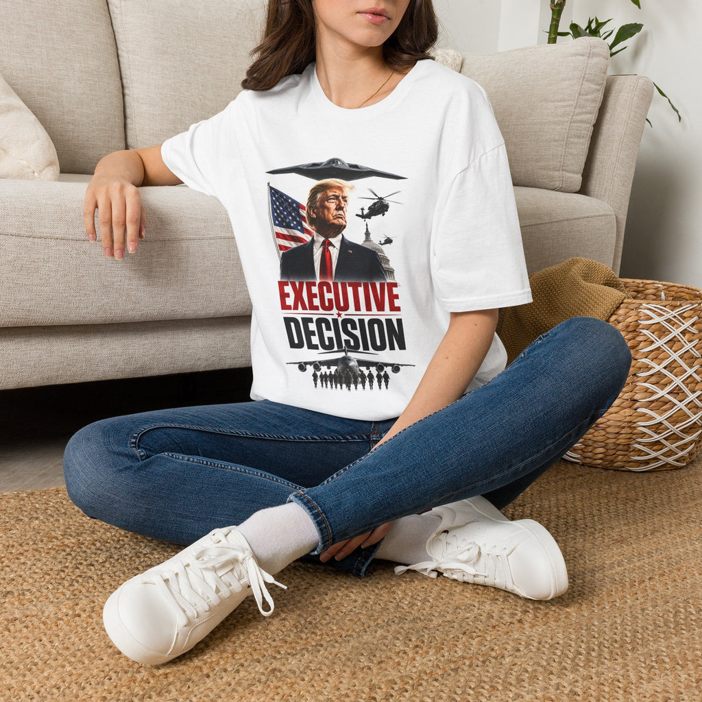 Political T-Shirt — "Executive Decision" Graphic Tee with Patriotic Flag & Military Imagery