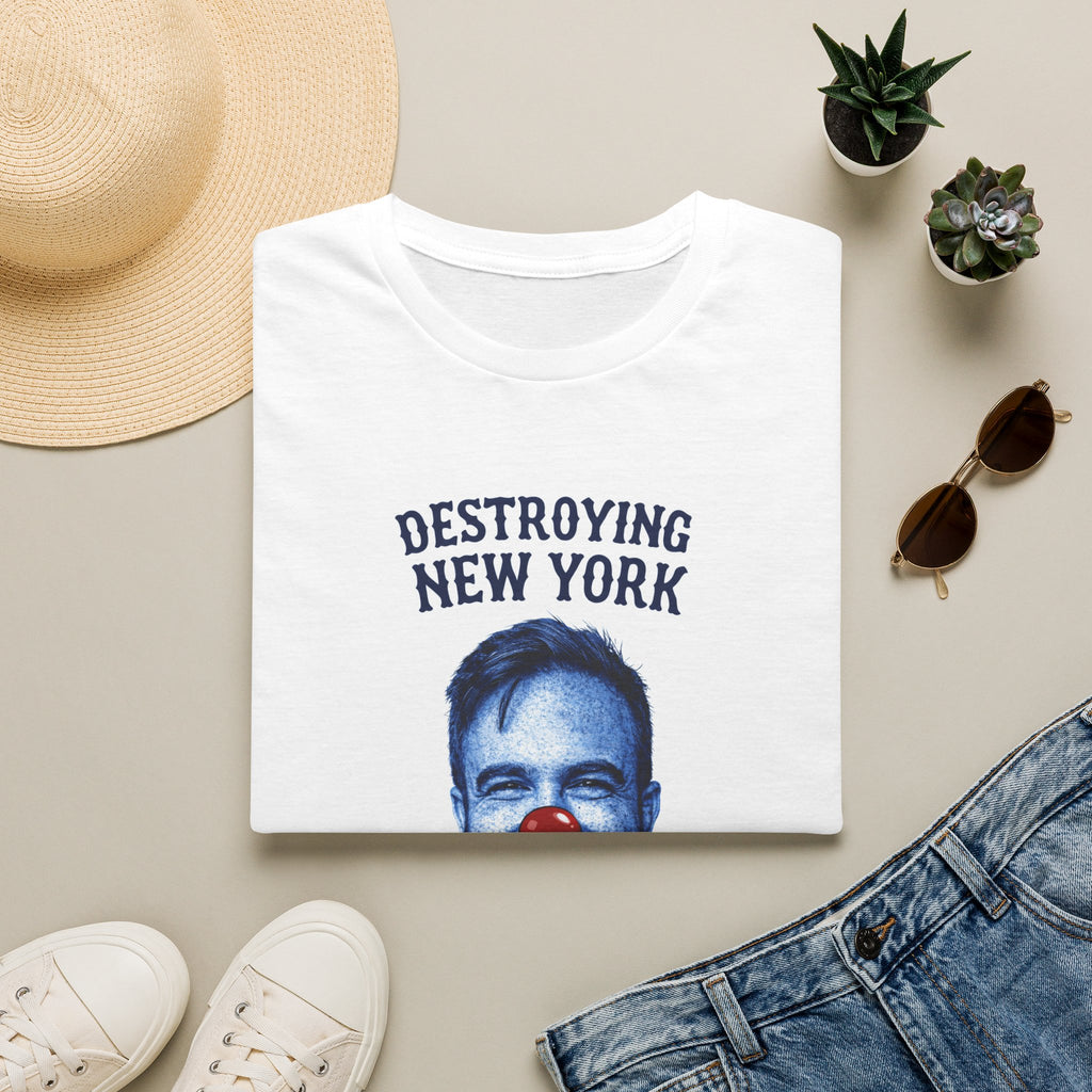 "Trump Patriot Shirt | America First T-Shirt | Conservative Republican Apparel | God Family Country Tee" | anti-woke tshirt | Destroying New York clown face T-Shirt | political satire, blue portrait